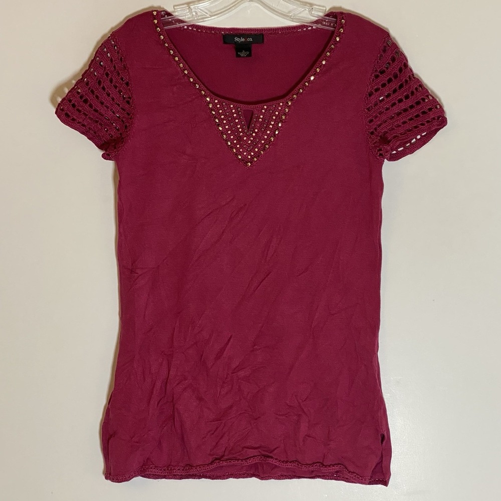 Style & Co Top Womens Small Red‎ Beaded Embellished Party Classic Boho Chic S